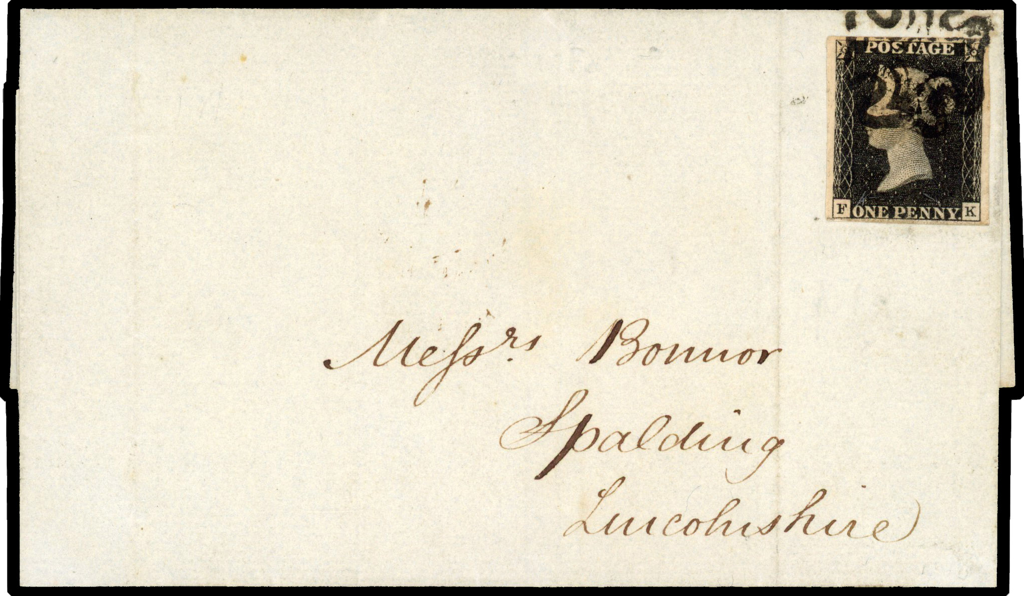 1840 1d Intense black Pl.6. Clean wrapper sent from Edinburgh to Spalding