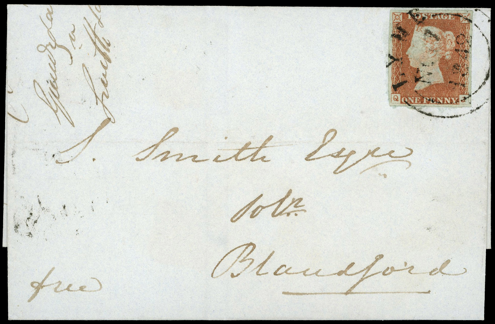 1841 1d Red-brown Pl.23 (QJ). Cover black Lyme ‘Wessex’ datestamp
