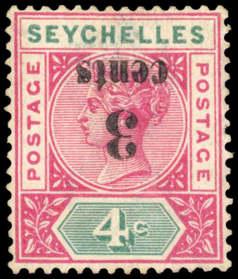 Seychelles SG 15a 1893 3c on 4c surcharge inverted mint