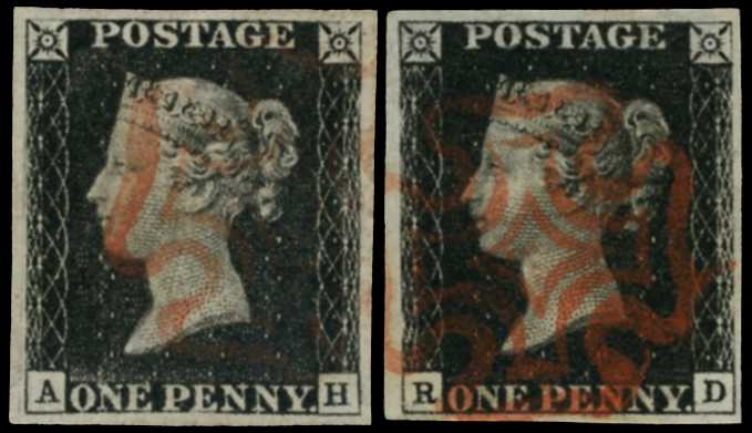 1840 1d black, two fine examples, Plate...