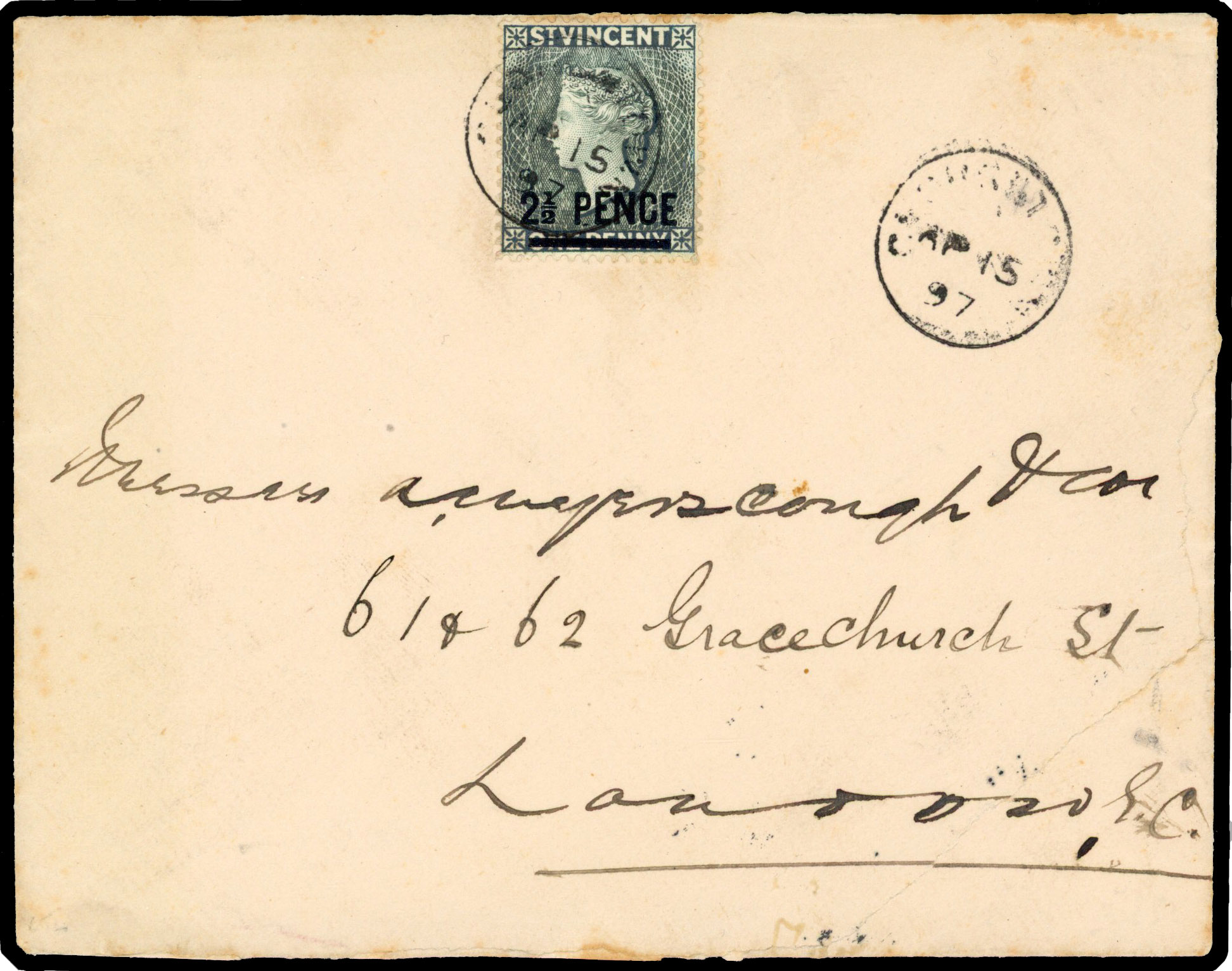 ST VINCENT: 1897 cover to England franked 2½d on 1d tied by indistinct but scarce ‘GEORGETOWN’ cds with further strike to