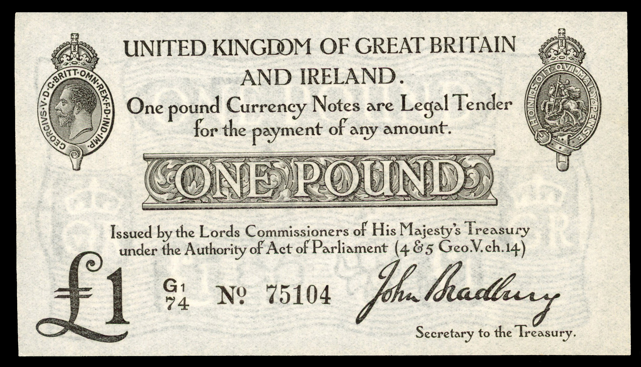 Treasury, J. Bradbury, One Pound, May 1916, G1/74 75104.