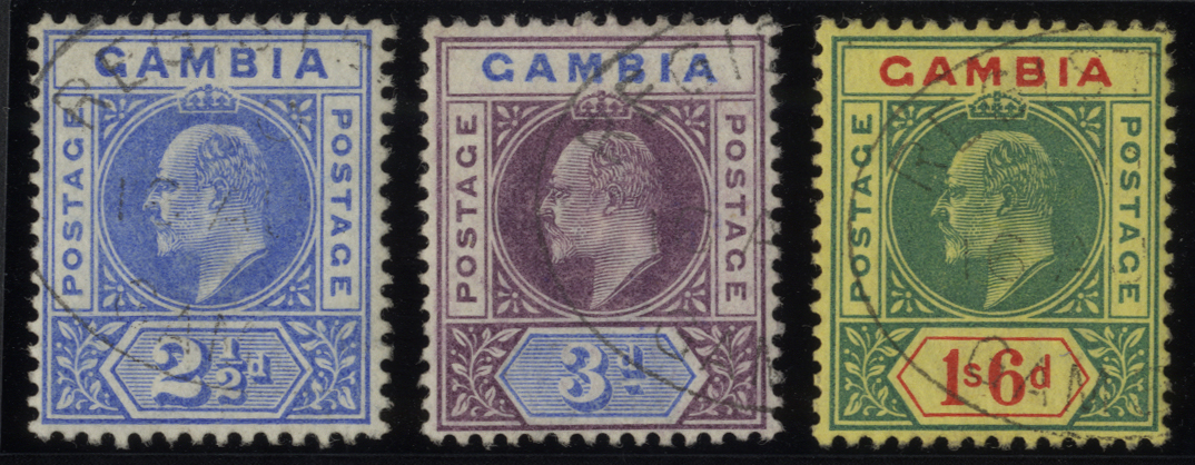 1902-5 2½d, 3d and 1/6d all with similar part strikes of the Madame Joseph forged REGISTERED/GAMBIA oval datestamp of 16 AU...