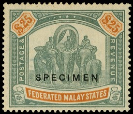 1928 $25 green and orange overprinted SPECIMEN Type D16, fine large part o.g.  SG 82s,...