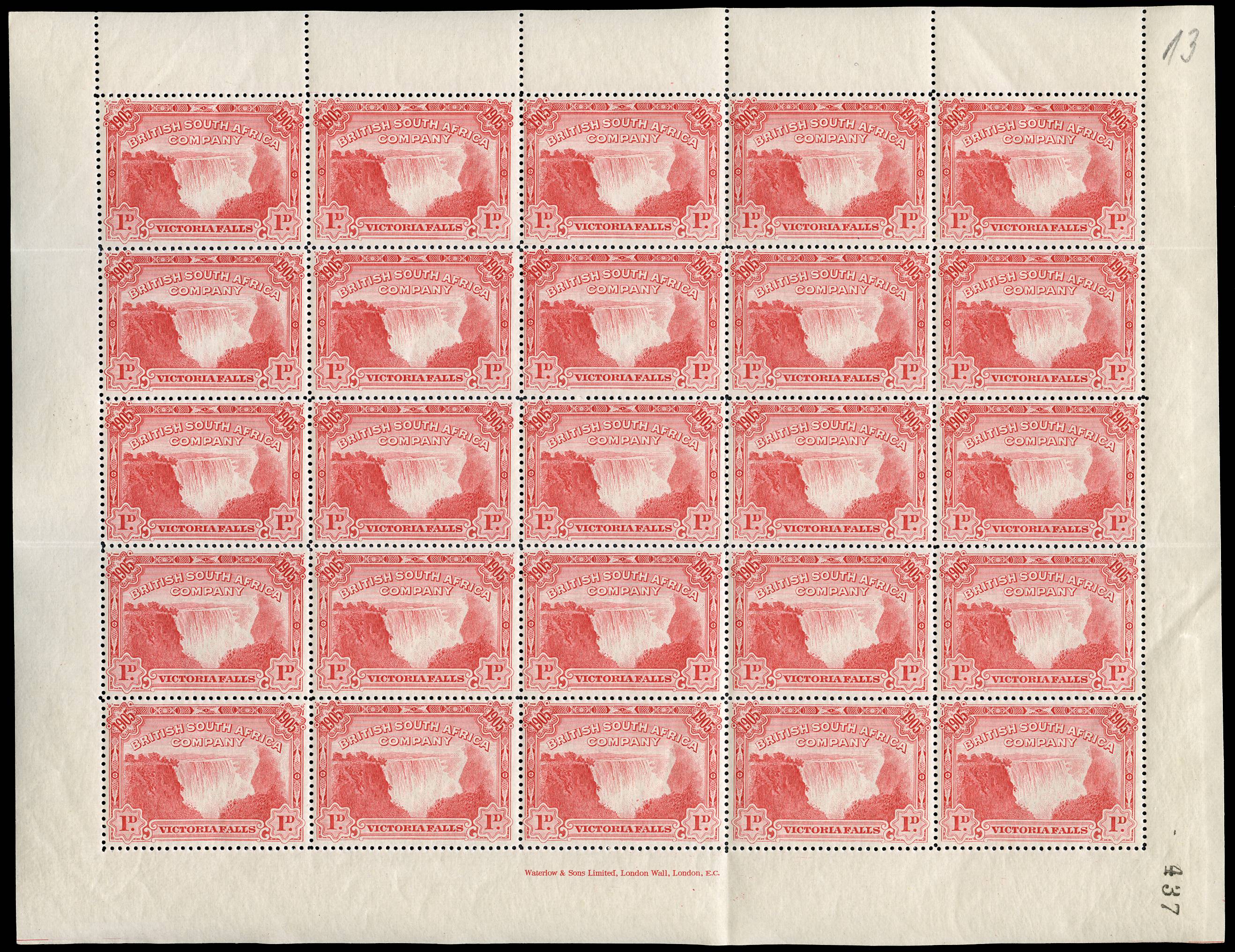 RHODESIA SG 94 1905 VIC FALLS 1d PERF 14 COMP SHEET U/M