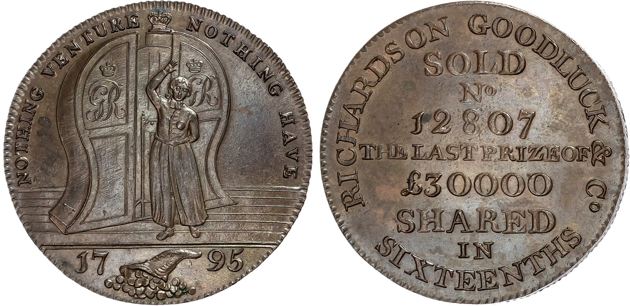 London, Cornhill , Richardson Goodluck & Co. advertising Halfpenny 1795, A Blue Coat Boy (Christ’s Hospital School) draw …