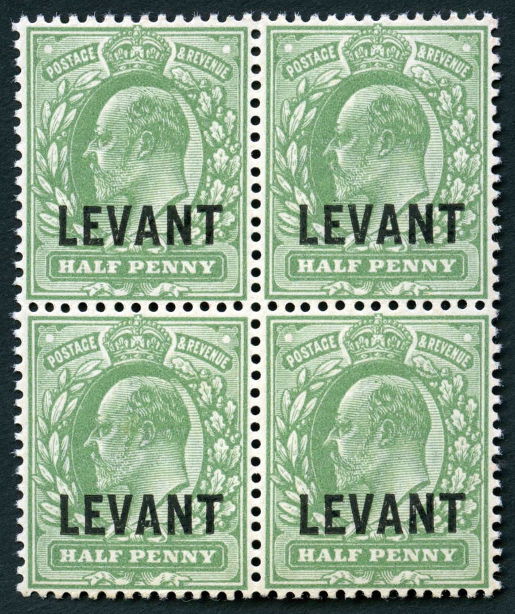 British Levant 1912 Harrison ½d dull yellow-green block of four, unmounted mint. Scarce multiple. SG L11