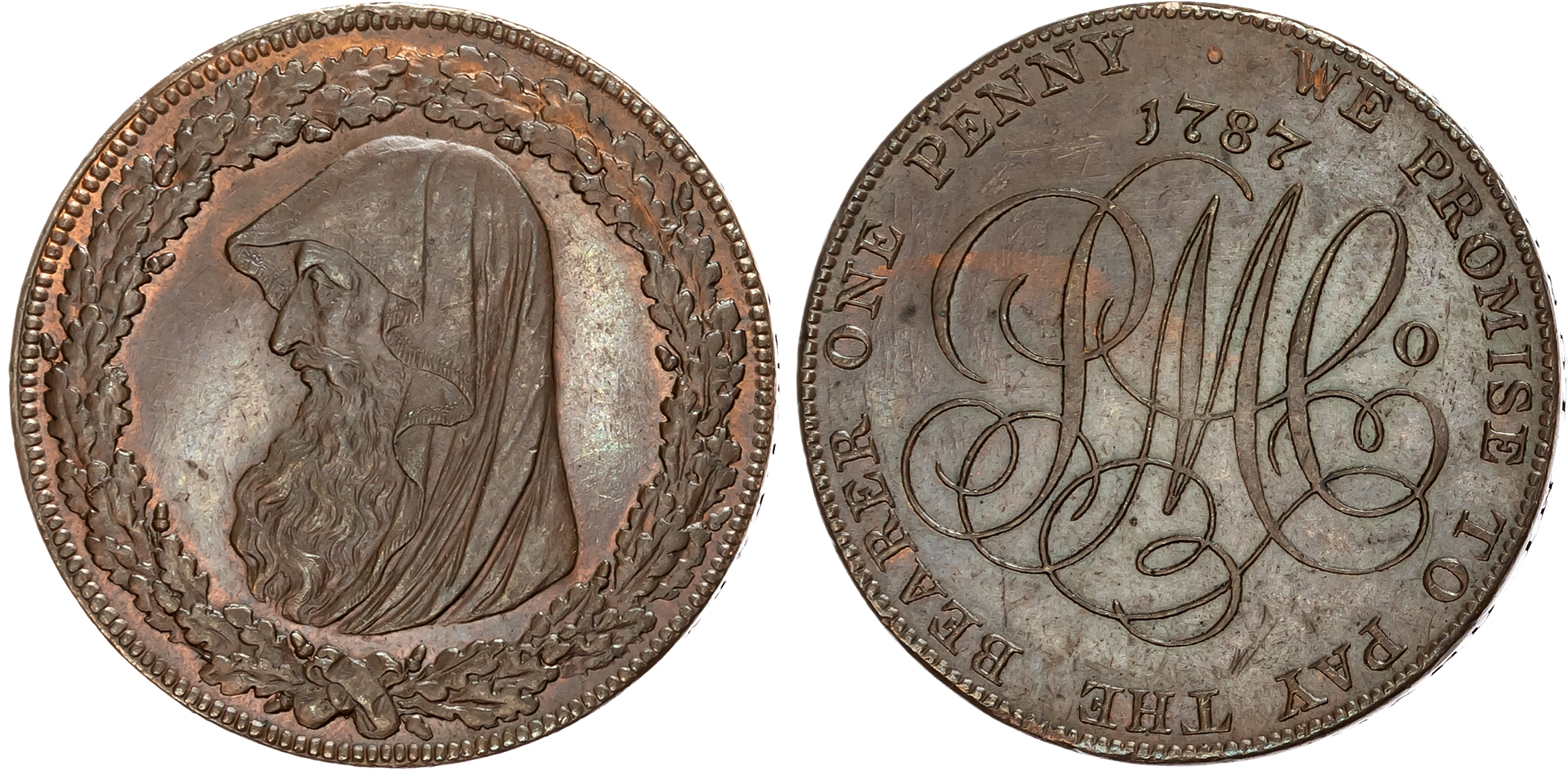 Ang. Amlwch, Parys Mines Co. Penny 1787, Cowled druid’s head within a thick oaken wreath with 4 acorns at tie, rev . PMC …