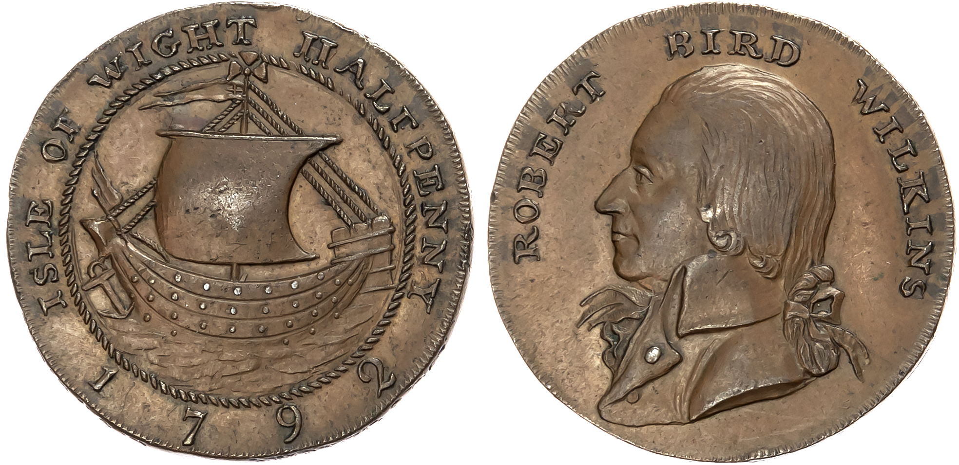 Hants. Newport, Isle of Wight, Robert Wilkins (Ironmonger) Halfpenny 1792, bust left of Wilkins, rev . Arms of Newport ( …
