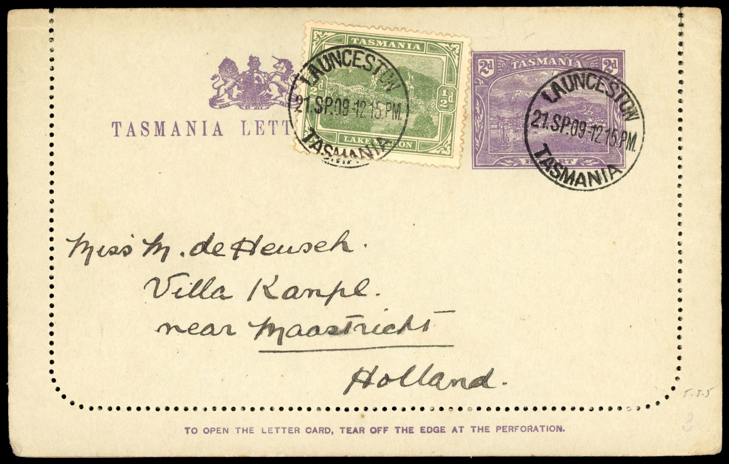 Tasmania Stationery lettercards 1909 2d Lakes in green used