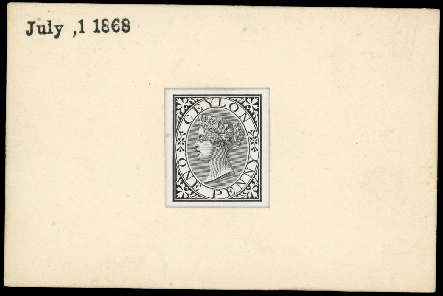 Ceylon SG 61 1868 1d Die Proof in black with cardboard surround