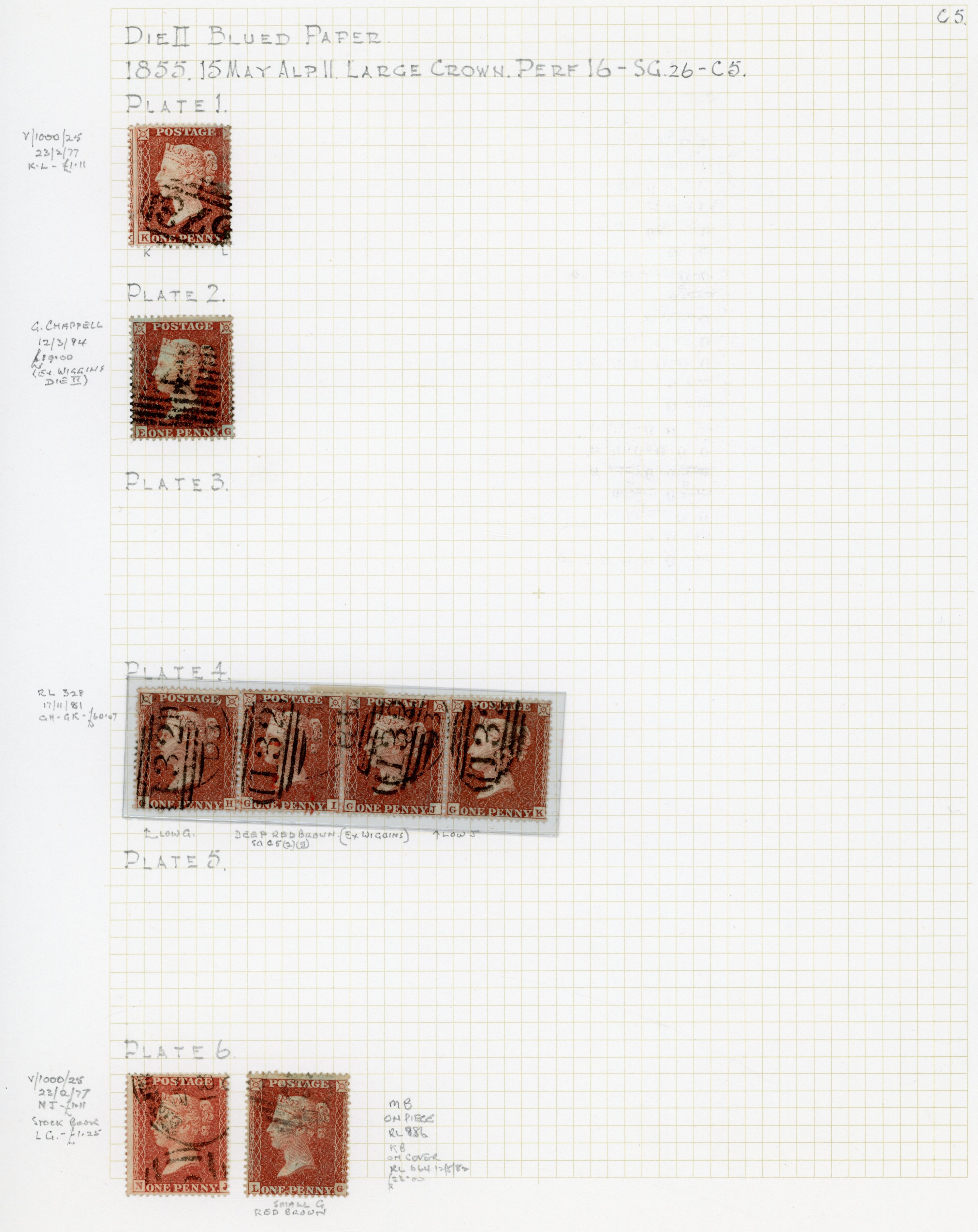 GB 1855 1d red-brown C5 small plated collection used