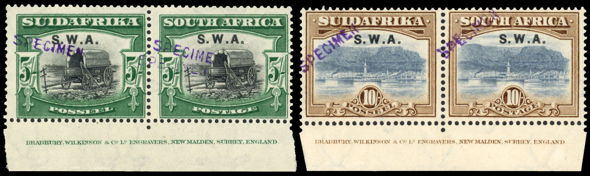 South West Africa SG 58s-67s 1927-30 pictorial set of 9 pairs handstamped Specimen