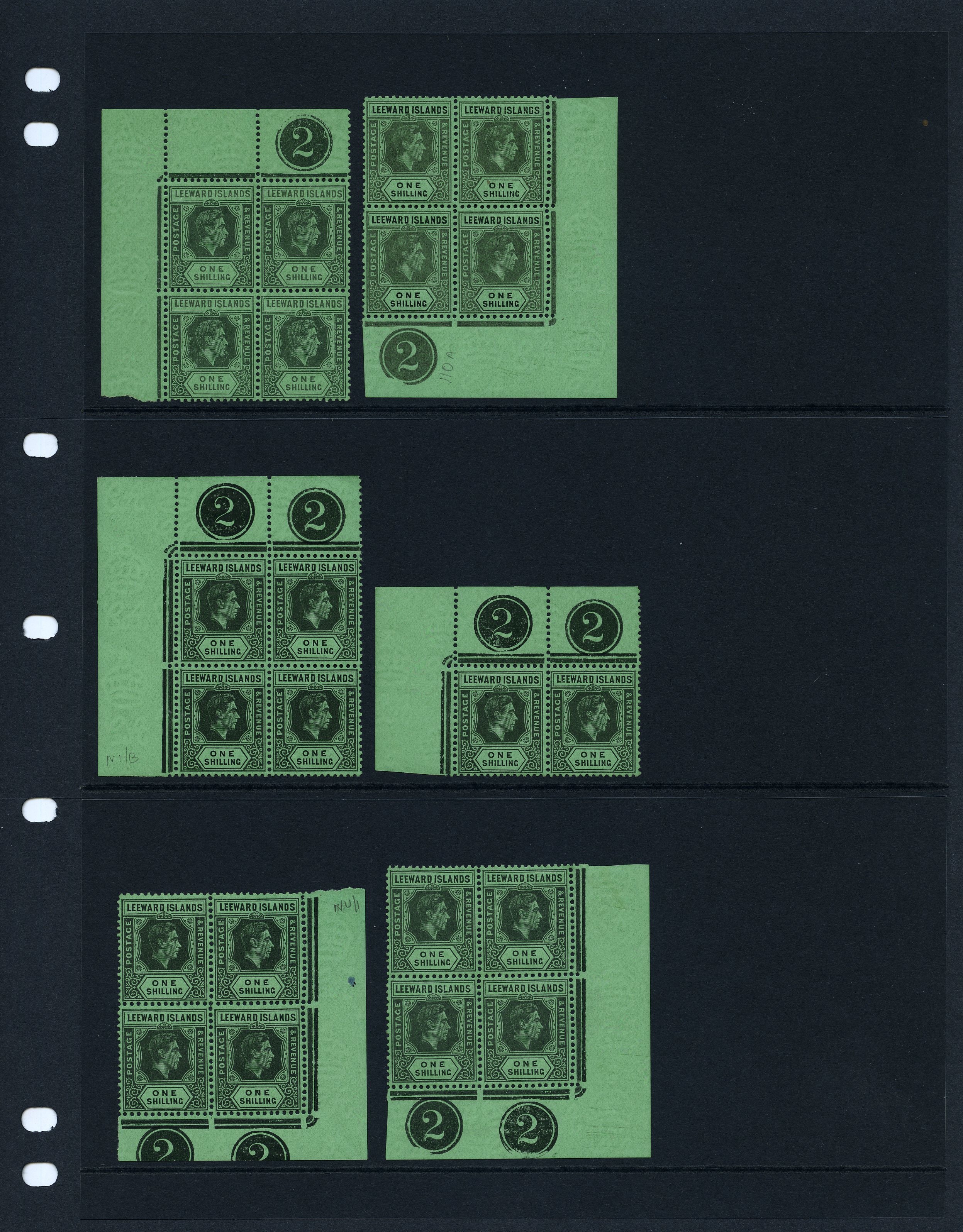 1938-49 1/- mint study with Plate blocks: Plate...