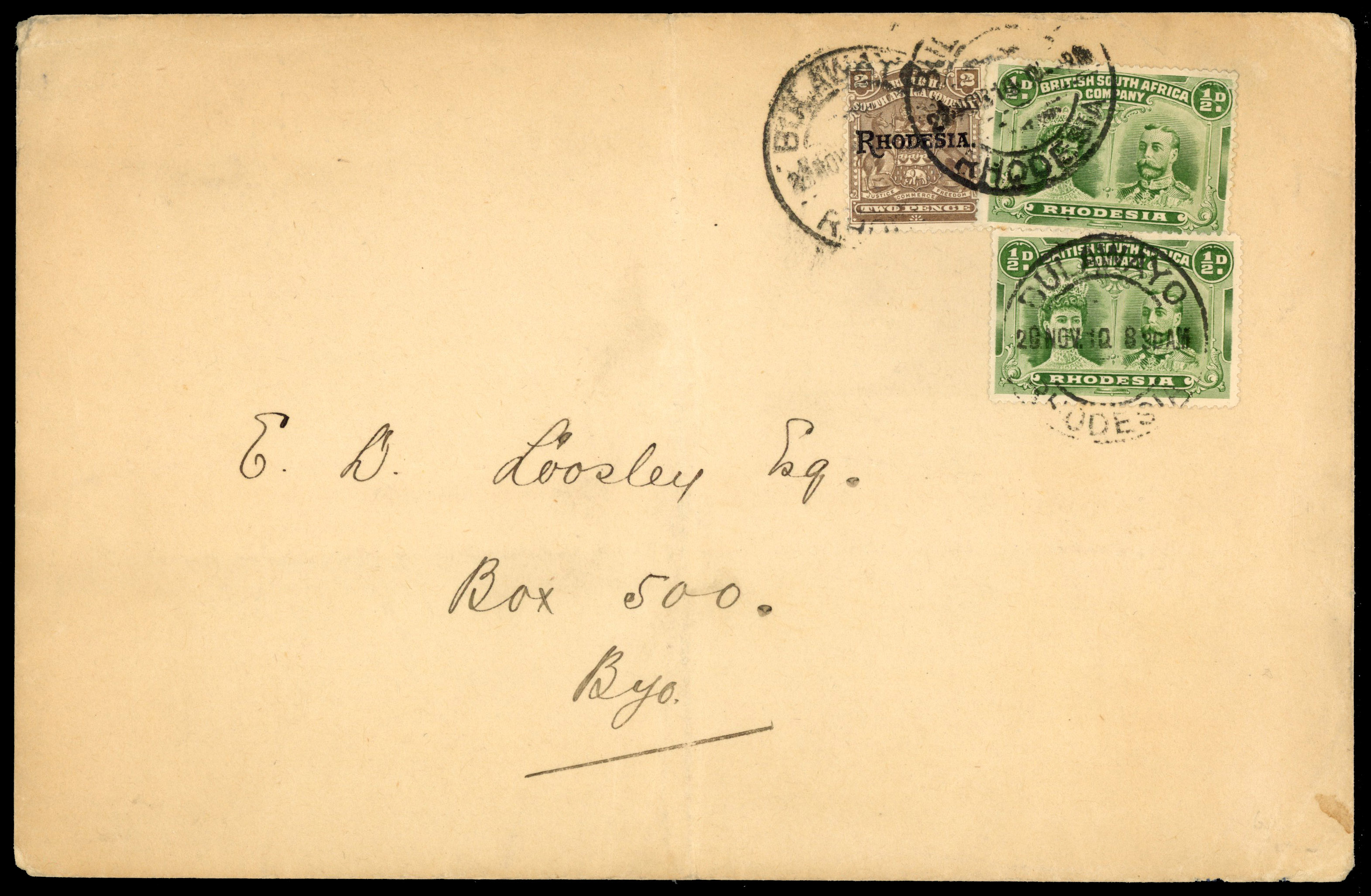 Rhodesia 1910 cover to Bulwayo franked at 3d