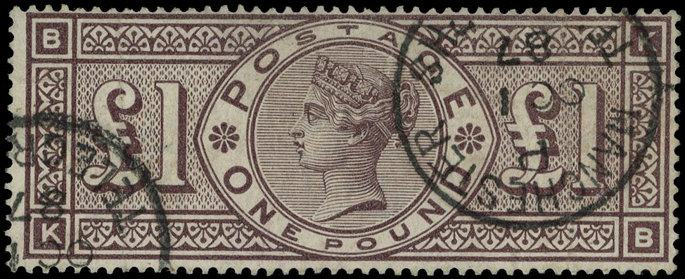 1884 £1 brown-lilac fine used with neat ‘Manchester Telegraph’ cds
