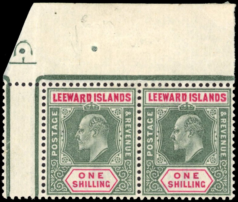 Leeward Islands 1902 1s green and carmine with dropped ‘R’ variety SG 26, a mint