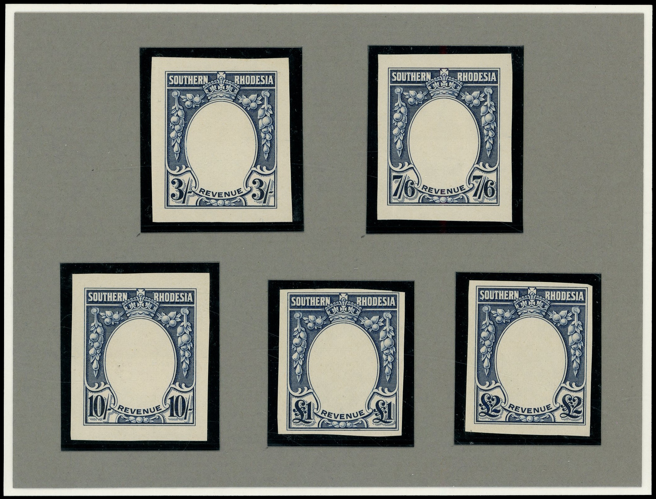 Southern Rhodesia Revenue 1930 group of FIVE stamp-sized die proofs 
