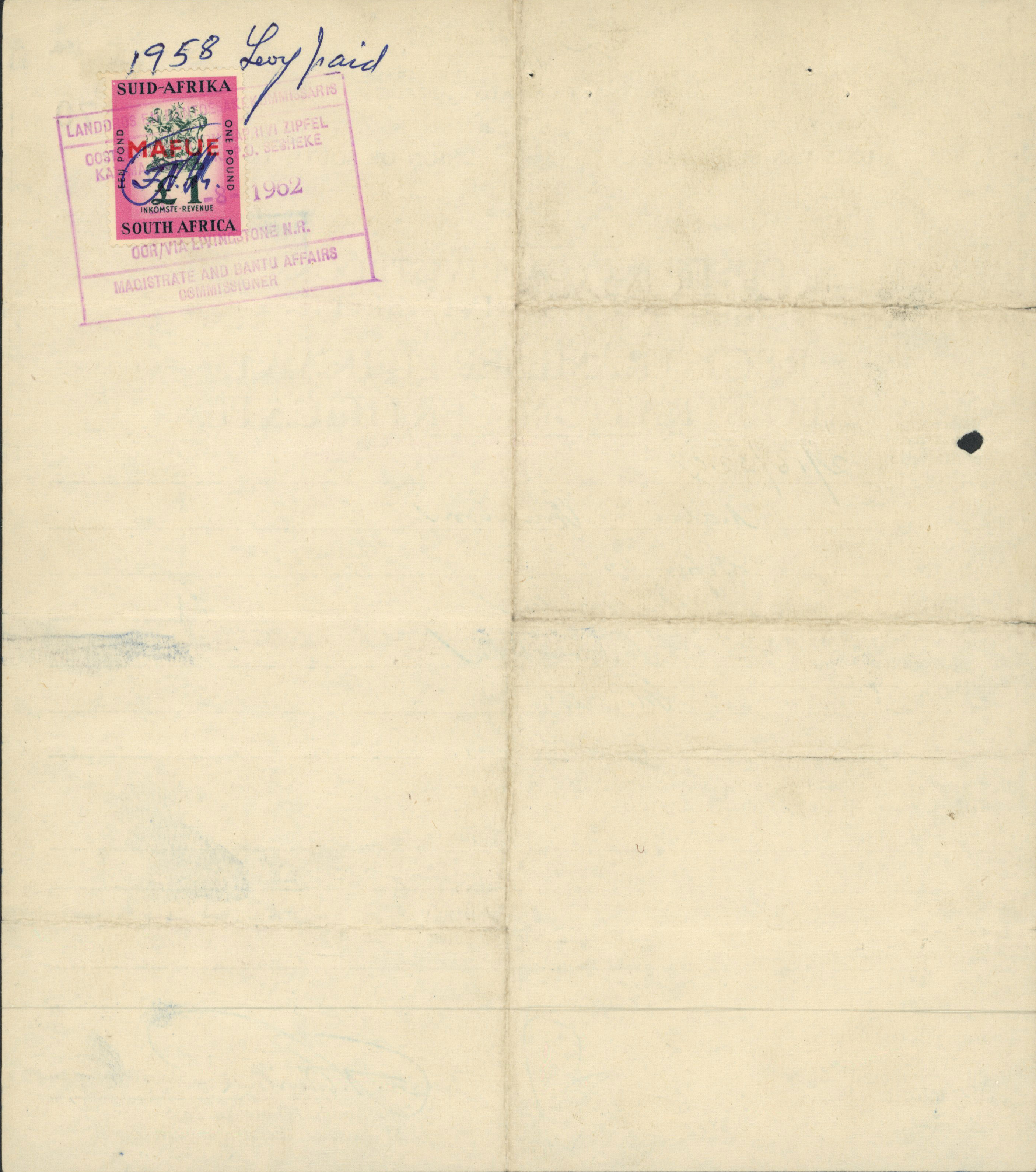 South West Africa. Tribal Taxes; Eastern Caprivi, Mafue tribe Registration certificate  