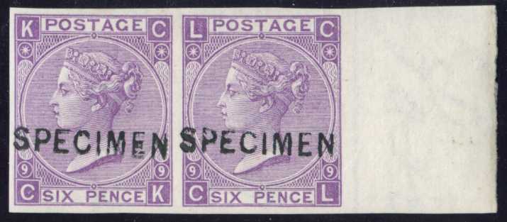 1870 6d mauve Pl.9. Very fine unused o.g. right hand marginal imperforate horizontal pair lettered CK-CL, overprinted...