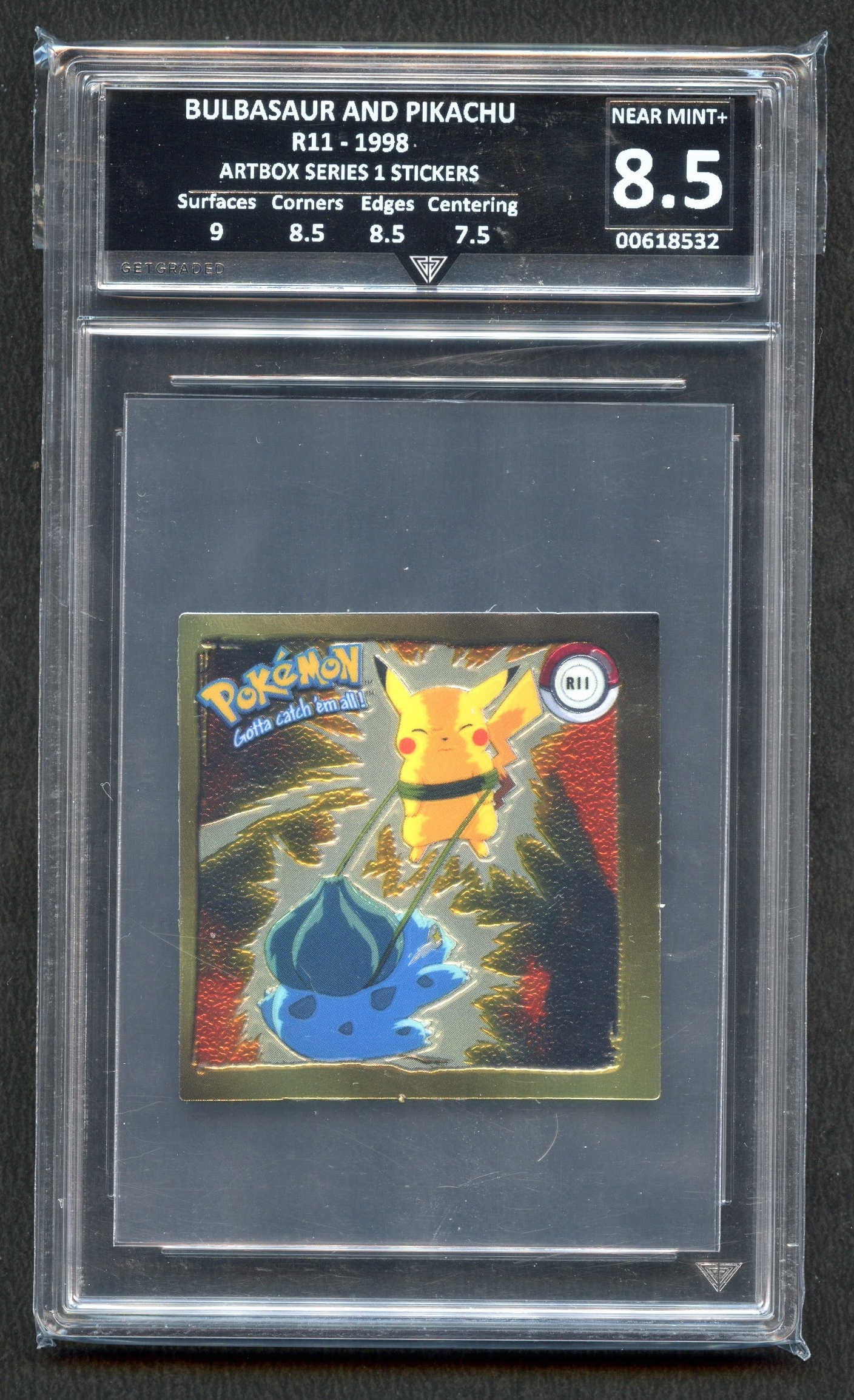 Get Graded 8.5 Bulbasaur & Pikachu R11 Artbox Series 1 Stickers 