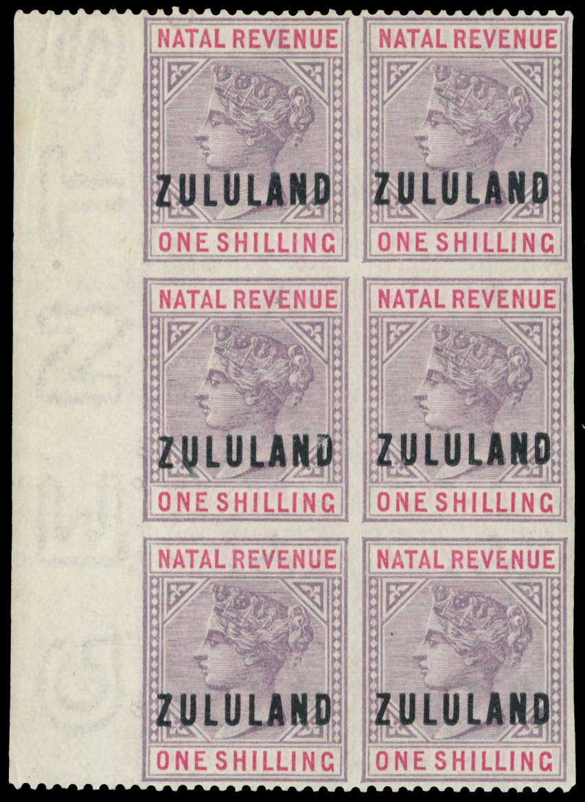 Zululand Revenue 1s lilac & red imperforate block of six mint