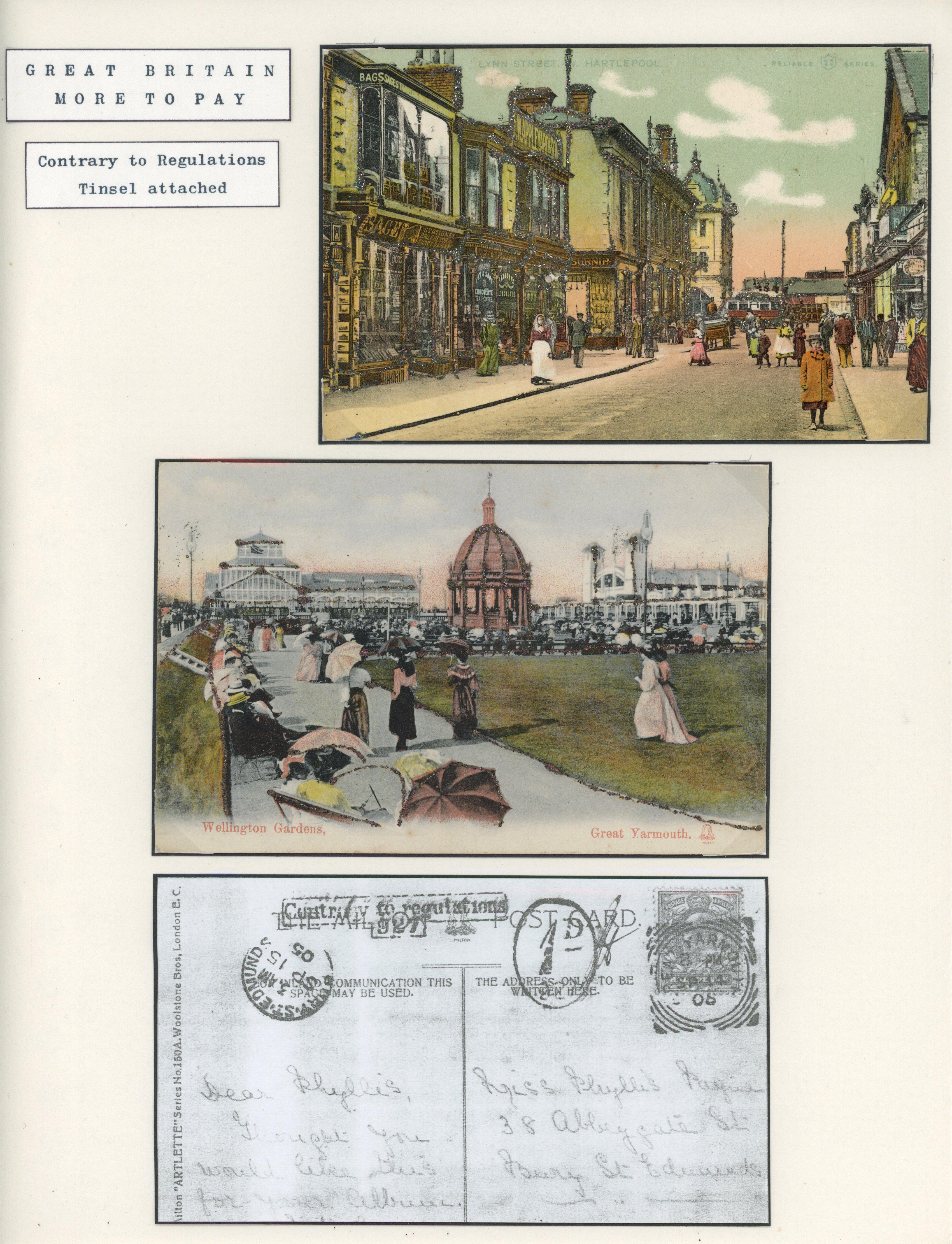 Great Britain 1905 pair of novelty postcards adorned with glitter