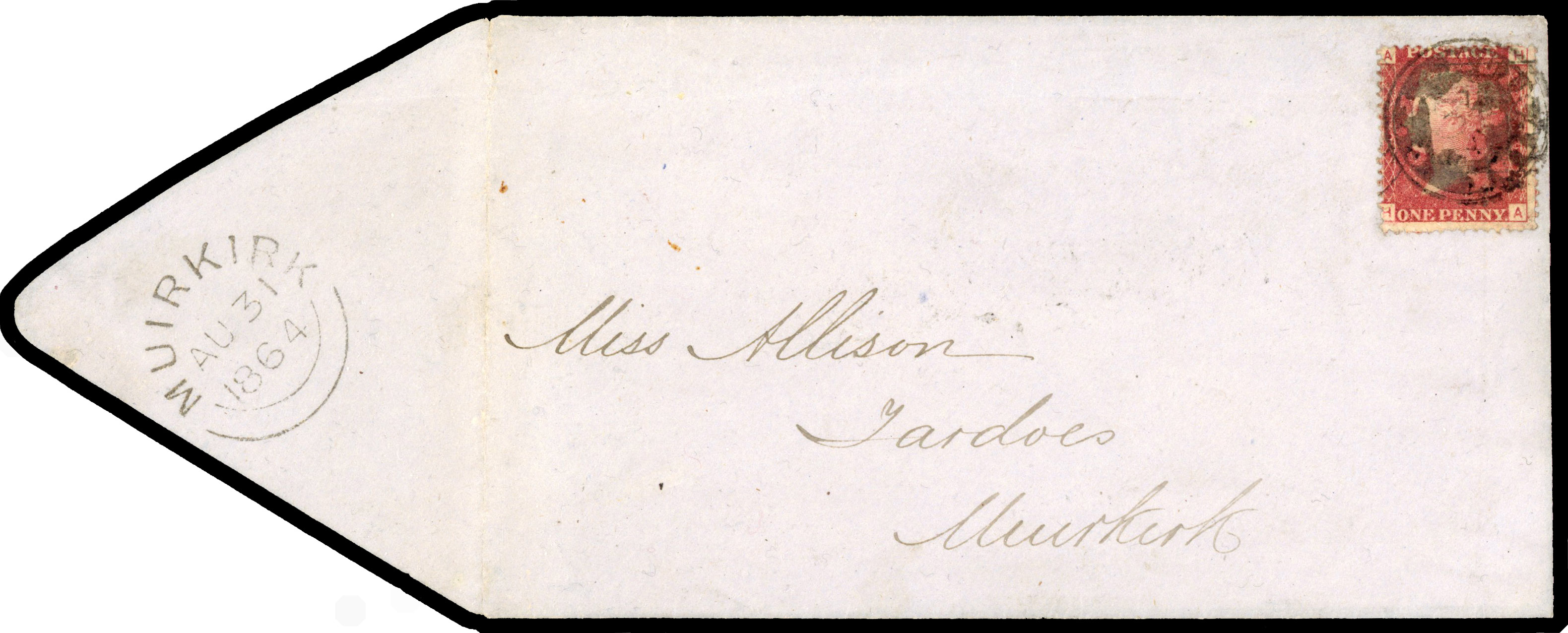 1864 1d Rose-red Pl.89. Clean envelope sent locally within Muirkirk mail bag seal