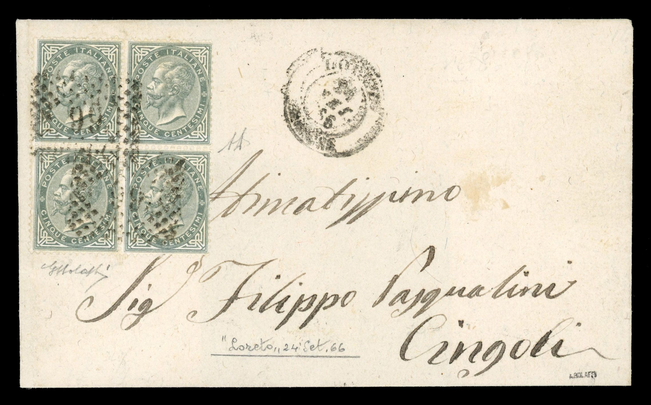 Italy 1866 cover franked block of four 5c De La Rue cancelled '66' from Loreto