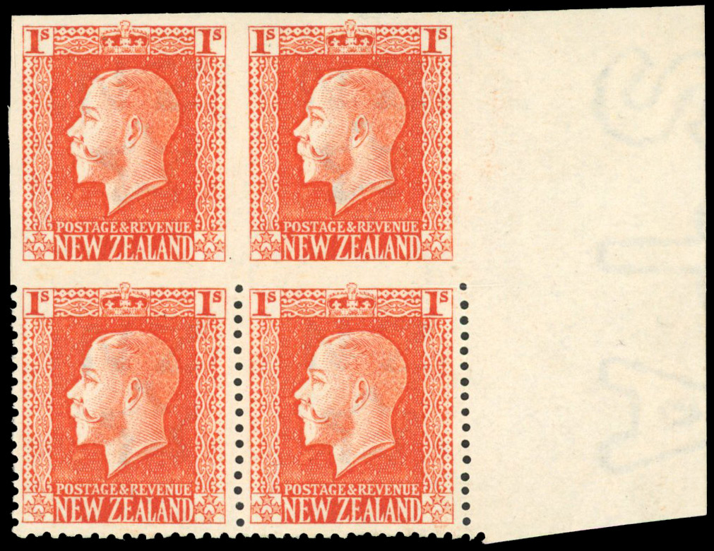 New Zealand SG 430aa 1915-30 1s vermilion block of 4 imperforate mint