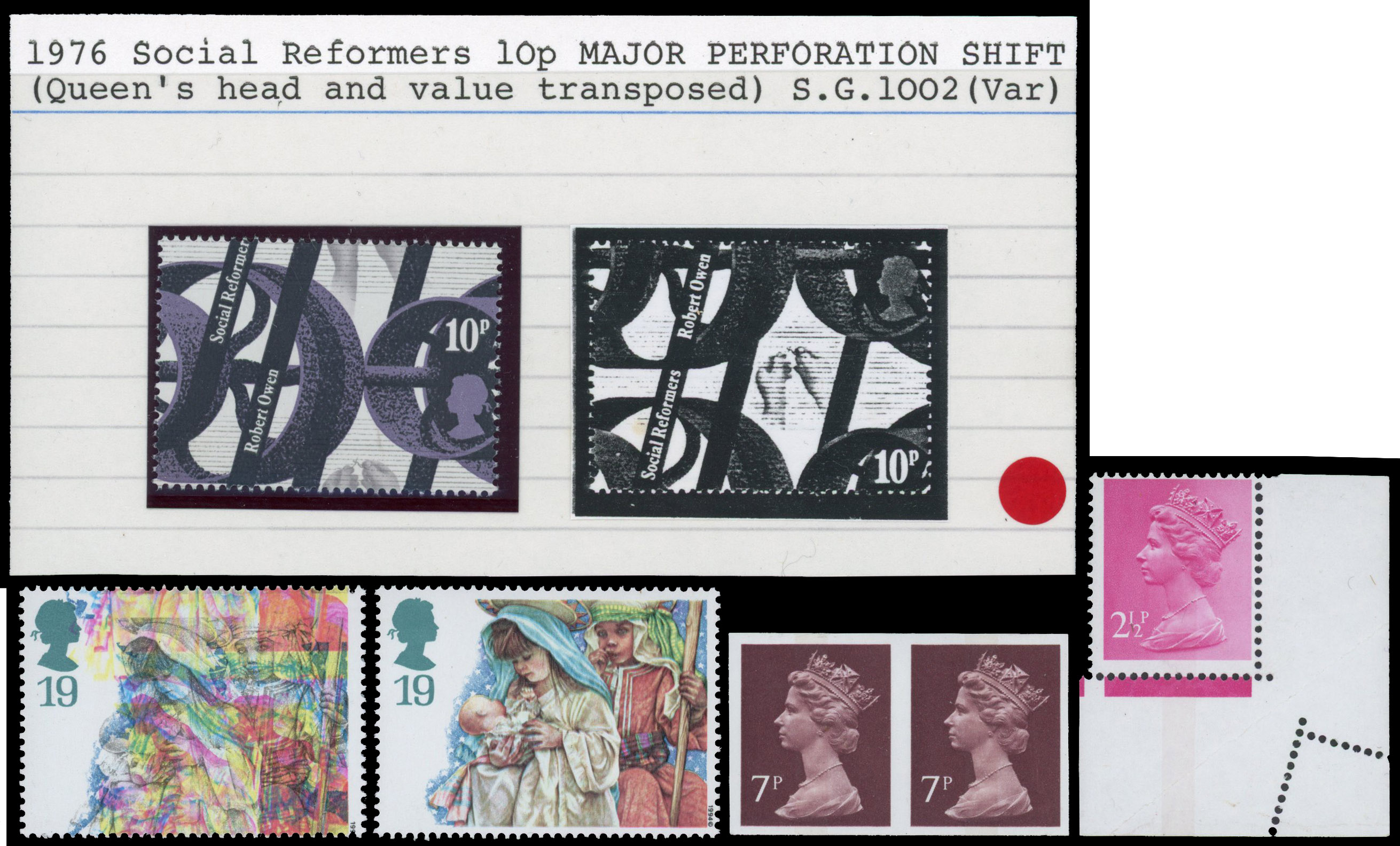 QEII varieties including 1971 2½p centre-band misperforated in lower right margin, 7p centre band horiz imperf pair