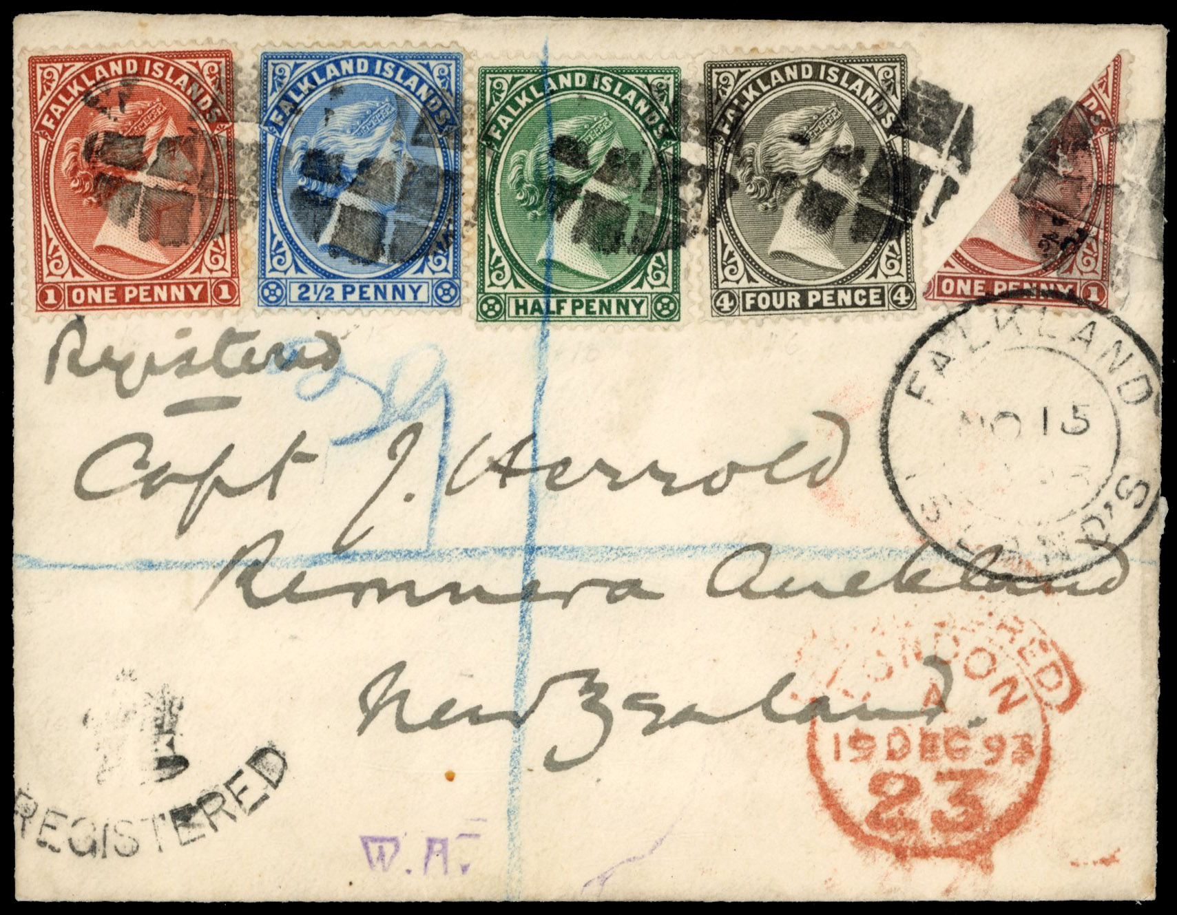 † Falkland Islands 1893 registered envelope to NZ with ½d bisect
