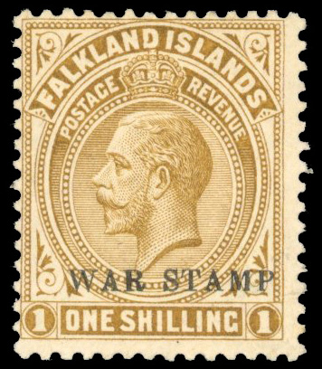 Falkland Islands SG 72ab 1919 War Stamp 1s pale bistre-brown double overprint, one albino mint