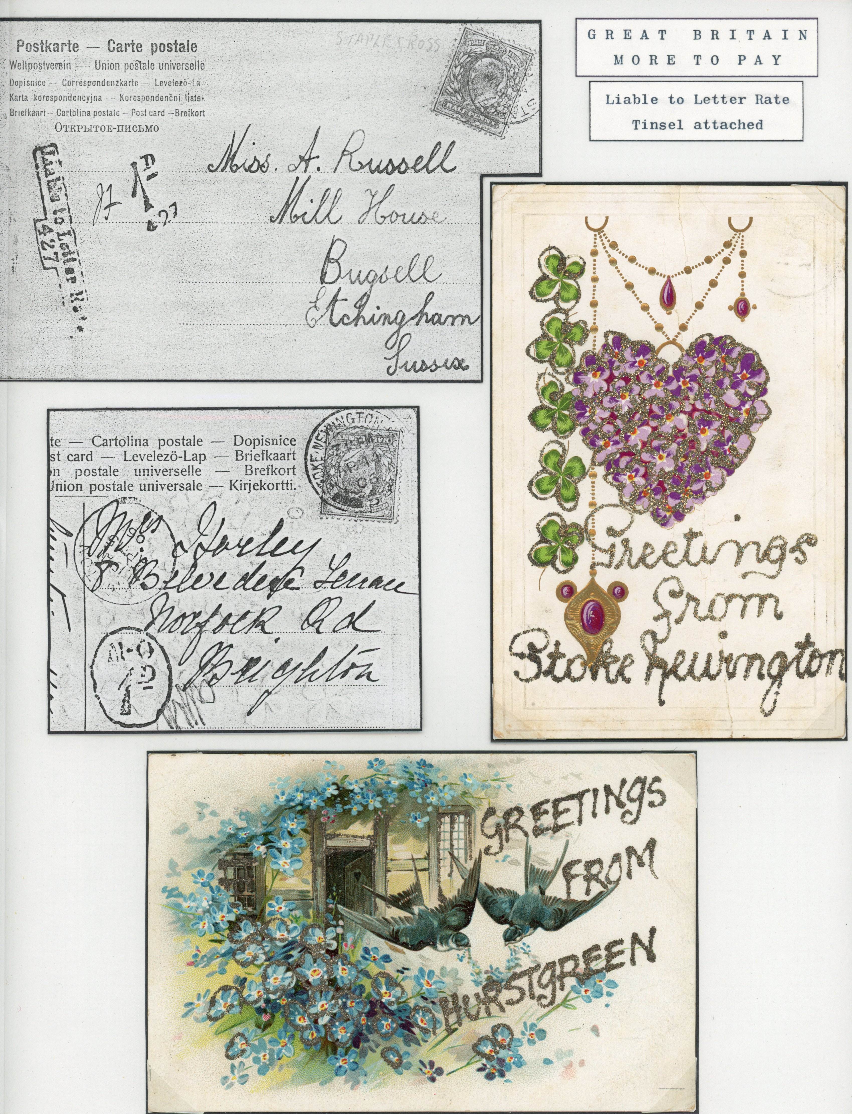 Great Britain 1905-06 pair of novelty greetings postcard with glitter attached