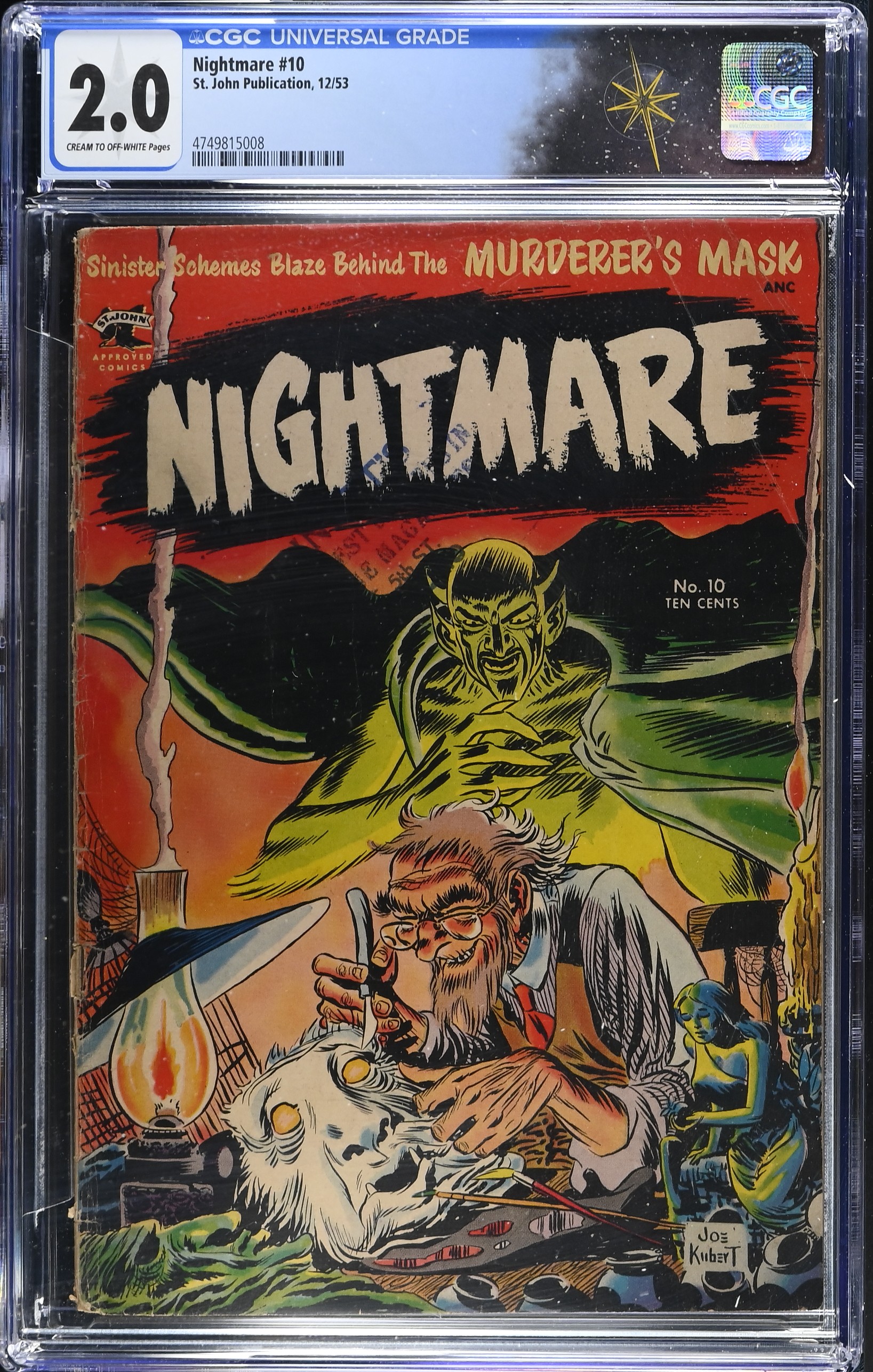 Nightmare #10 CGC 2.0 Cover by Joe Kubert (St. John Publication, 1953) Cream to Off-White Pages