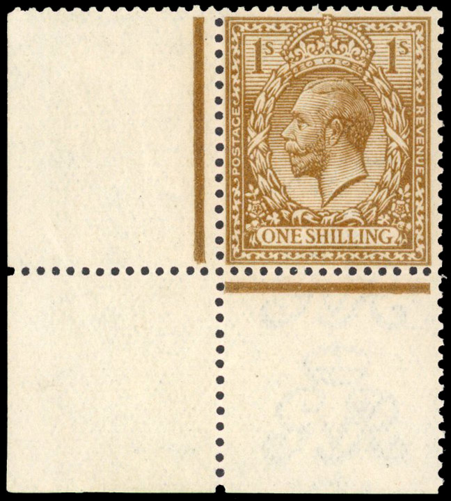 1913 1s Bistre (Varnish Ink). Unmounted o.g. bottom left hand corner marginal example