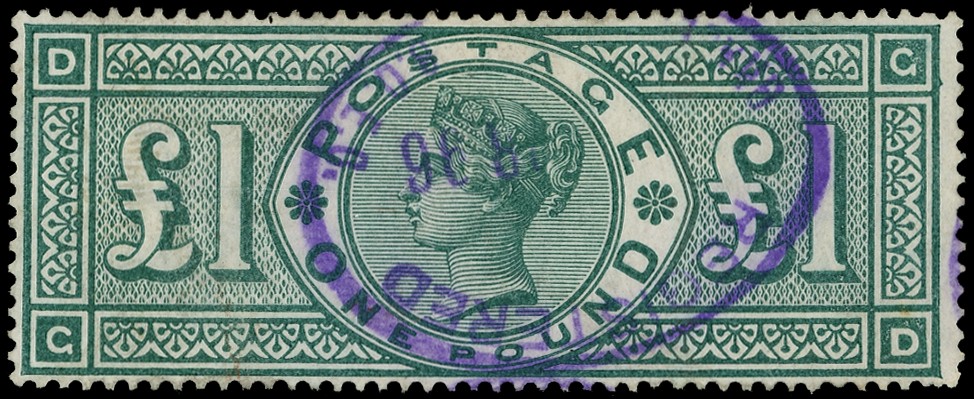 1891 £1 green (GD), used neatly cancelled by registered oval in...