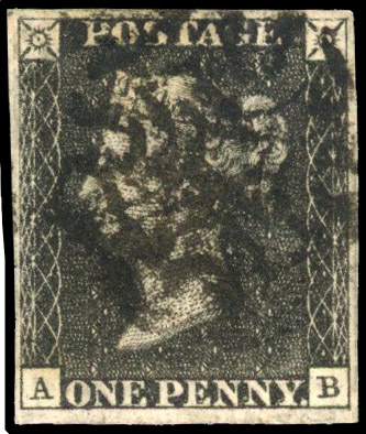 GB: 1840 1d black, Plate 2, (AB), four margins, black MC SG 2