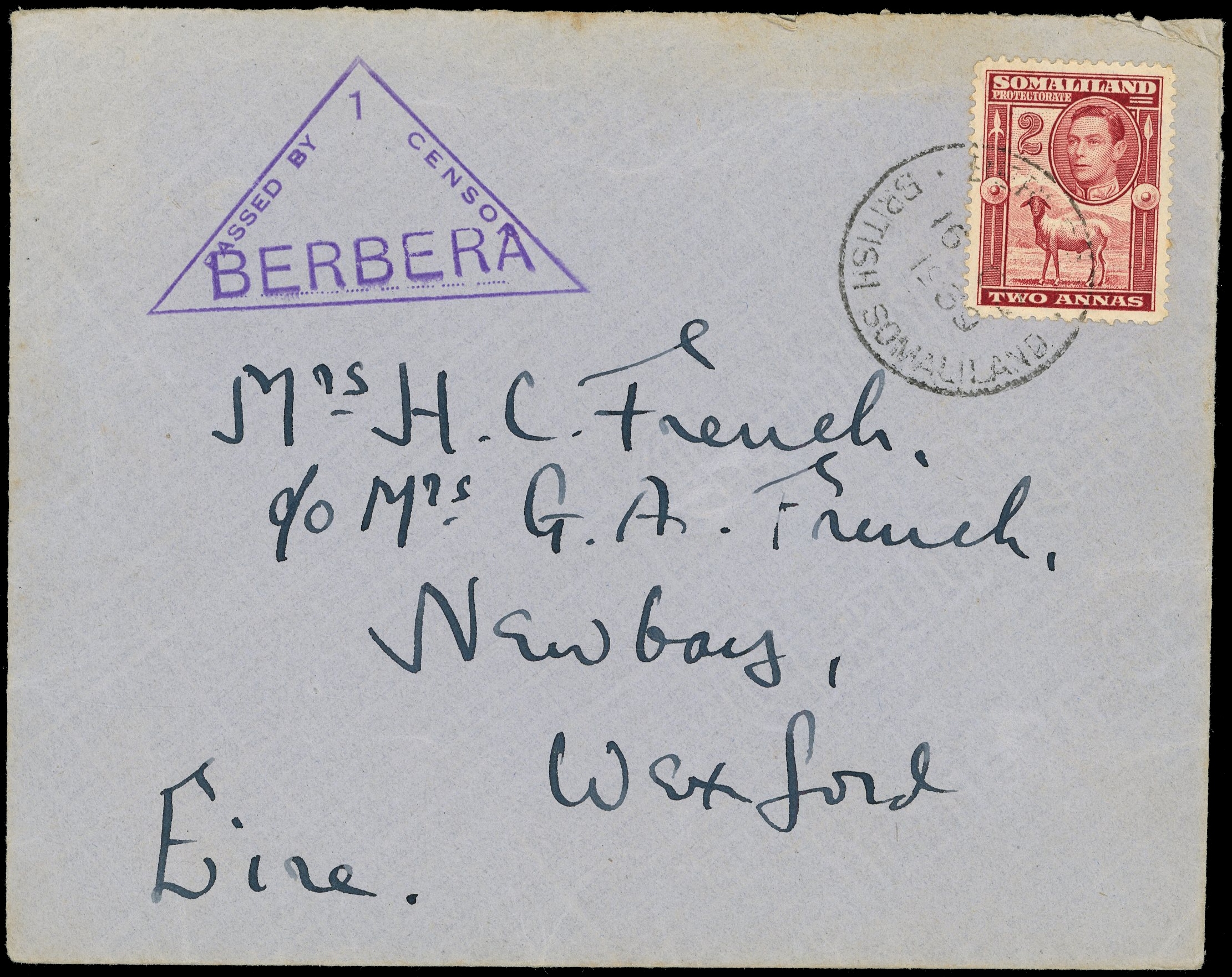 Somaliland 1939 censored cover to Ireland