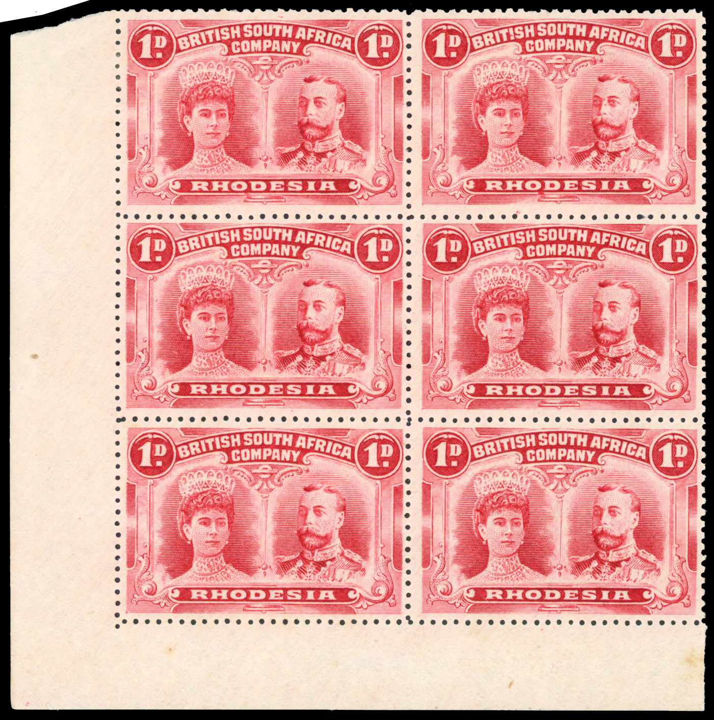 Rhodesia 1910-13 1d carmine-red perf 14 block of 6