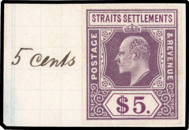 Straits Settlements 1902 $5 imperf colour trial in dull purple