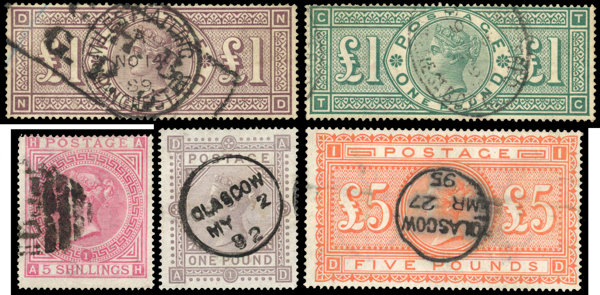 Great Britain 1867-92 used selection of high values on a stockcard