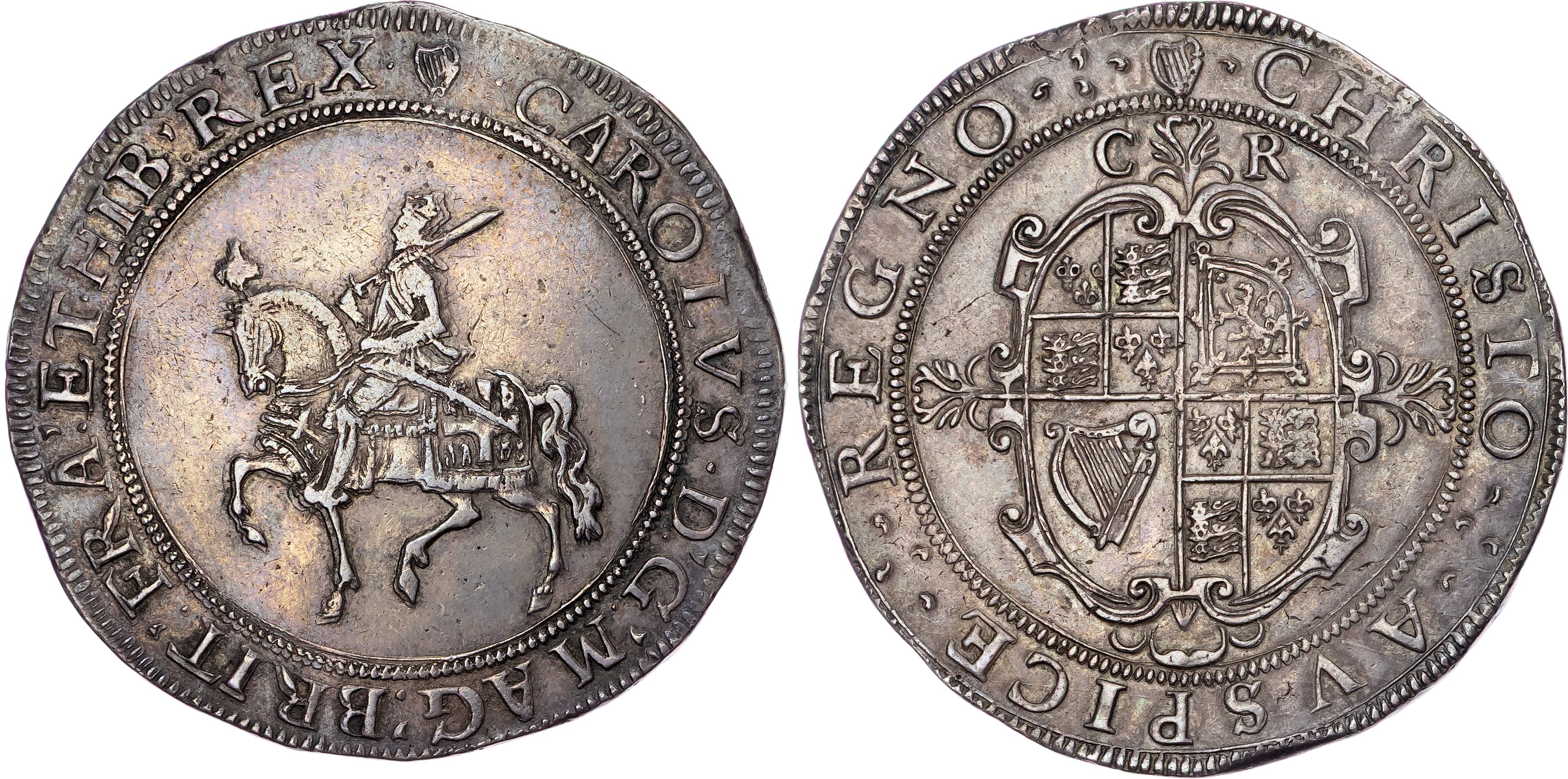 Charles I (1625‐1649), AR Crown, Group II, type 2a, Tower (London) mint (under King), mm. harp (1632‐3). Well struck
