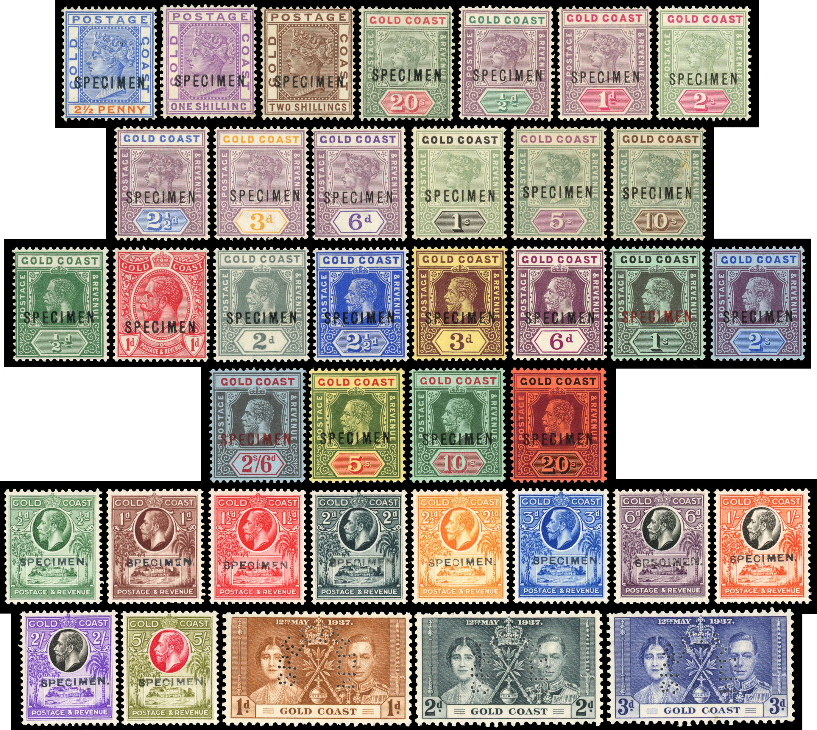 1884 2½d, 1s and 2s (no 3d), 1889 20s,1898 to 10s (no 2s), 1913 to 20s, 1921 to5s all overprinted ‘SPECIMEN’, 