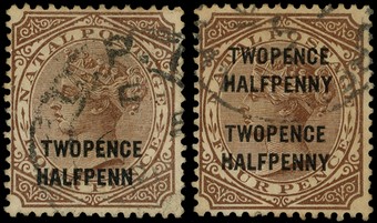 1891 2½d on 4d brown, two used examples, ONE with HALFPENN and the other with surcharge double, the latter with faint...