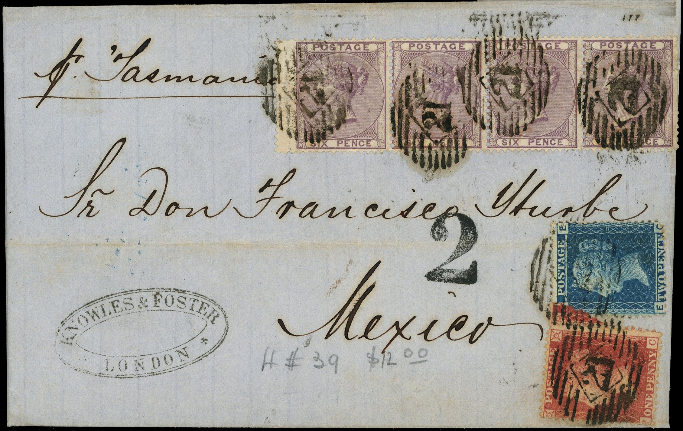 Great Britain 1860 (1 May) entire letter marked ‘pr Tasmanian’ addressed to Mexico