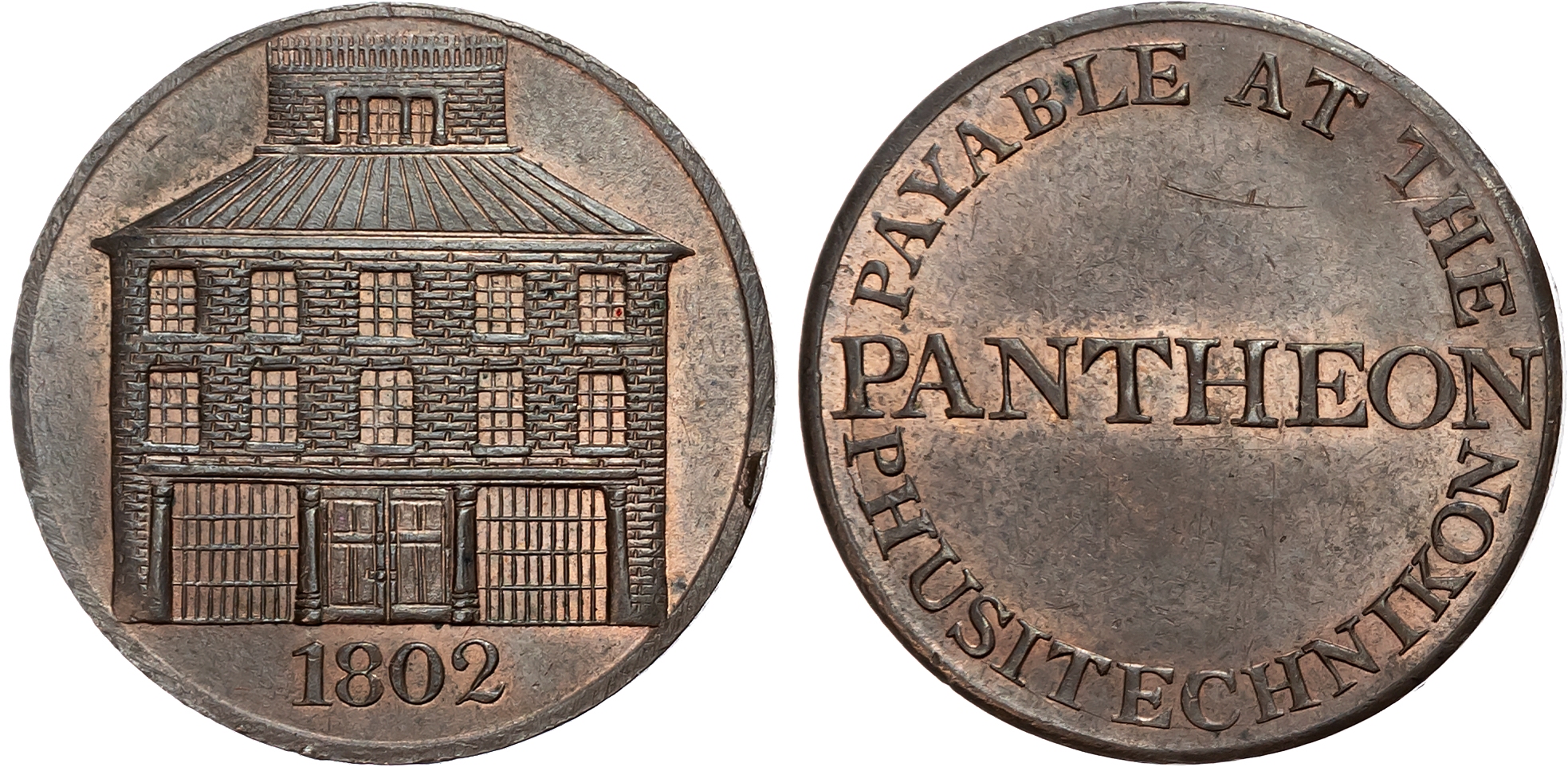 Co. Dub.  Dublin , William Binns (Ironmonger) Halfpenny 1802, View of the Pantheon Museum, rev . ‘PANTHEON’, edge plain, …