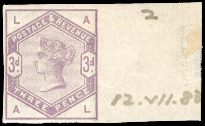 GB 1883-84 3d pale purple, Plate 2 (AL), imperforate imprimatur, For SG 191