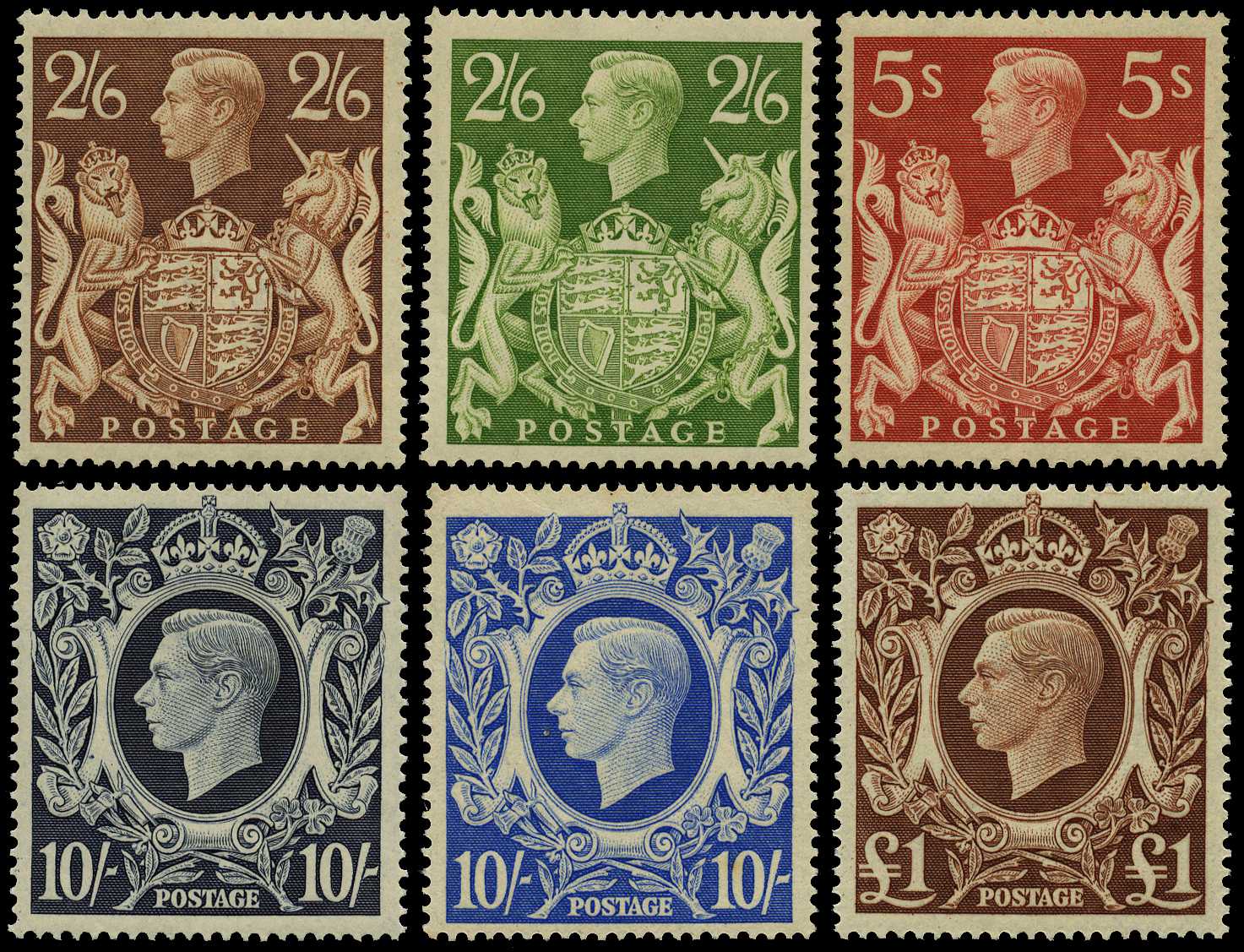 1939-48 High values set of six to £1 brown,...