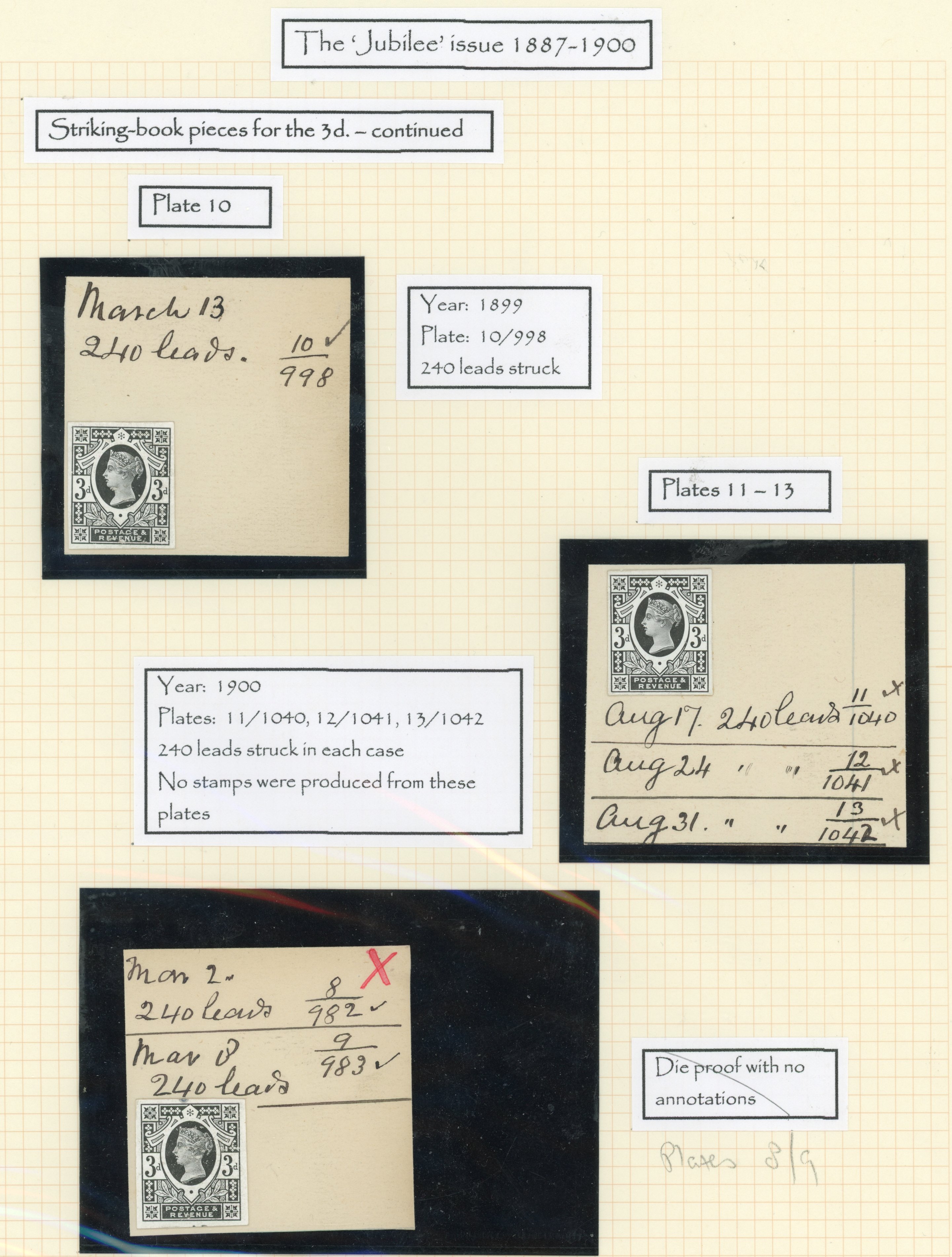 GB 1887-92 3d stamp-sized die proofs on DLR striking book pieces (5), For SG 202